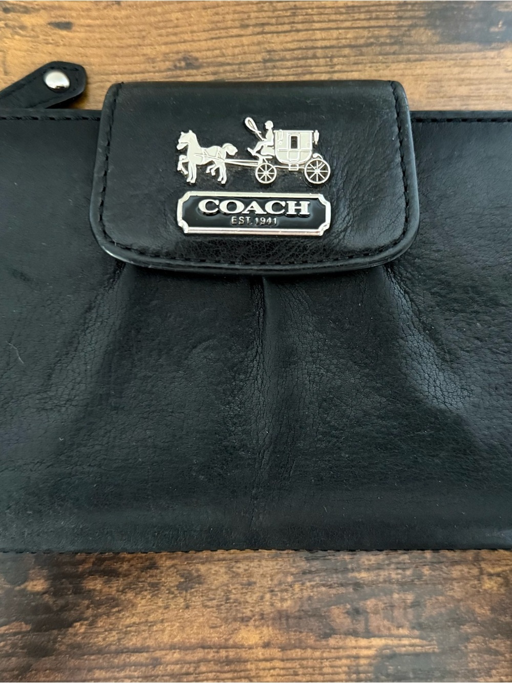 COACH Madison Slim Black Leather Wallet with Horse & Carriage Logo Pink Interior